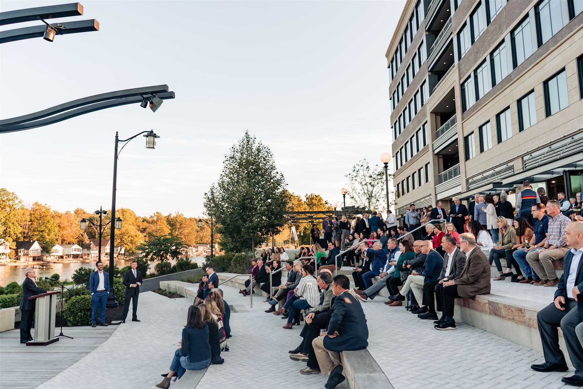 People in Amphitheater During Mark Jaindl Speech 615 Waterfront Drive Grand Opening